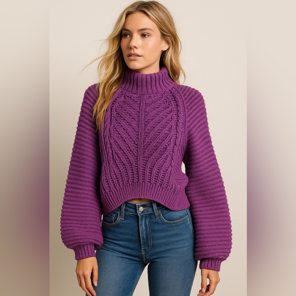 Free People Purple Chunky Textured Knit Sweater XS Mock Neck